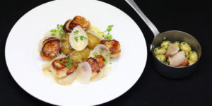 Saint-Jacques françaises semi sauvages contisées petits navets poêlée de légumes de Toury par Patrick Gauthier